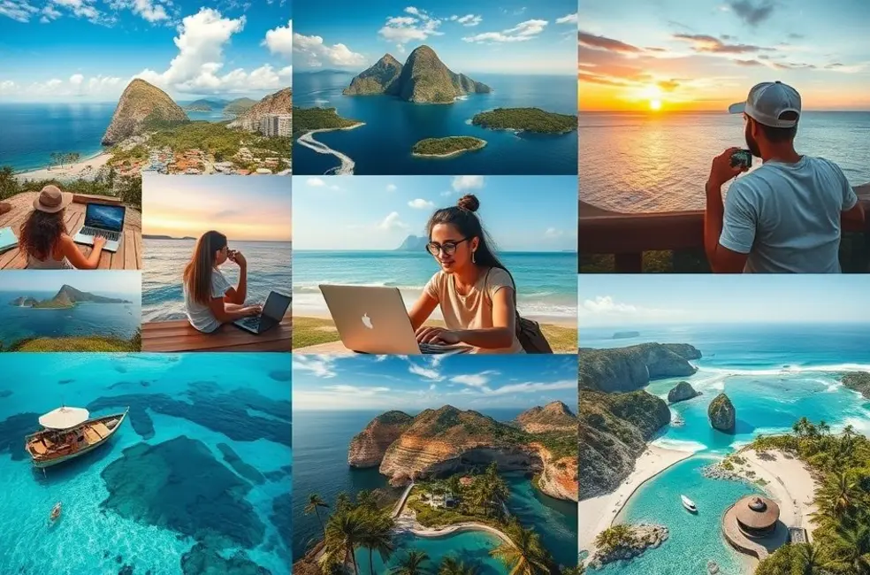 Montagem de nômades digitais em diferentes locais de trabalho, simbolizando diversidade e criatividade.