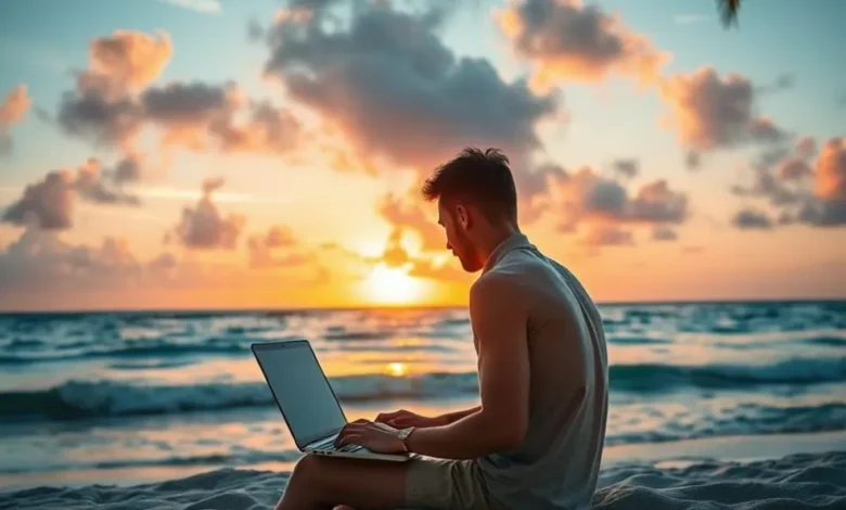 7 Passos Para Dominar a Gestão Estratégica Como Nômade Digital - Web Nômade Digital Praia tropical com nômade digital trabalhando em laptop durante o pôr do sol.