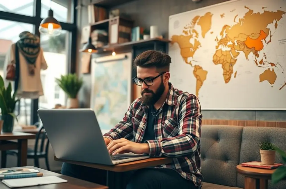 Um nômade digital trabalhando em um café, cercado por elementos inspiradores.