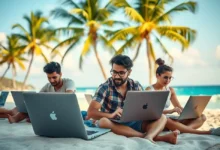 Nômades digitais trabalhando em laptops na praia, com palmeiras e o oceano ao fundo.