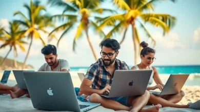 Nômades digitais trabalhando em laptops na praia, com palmeiras e o oceano ao fundo.