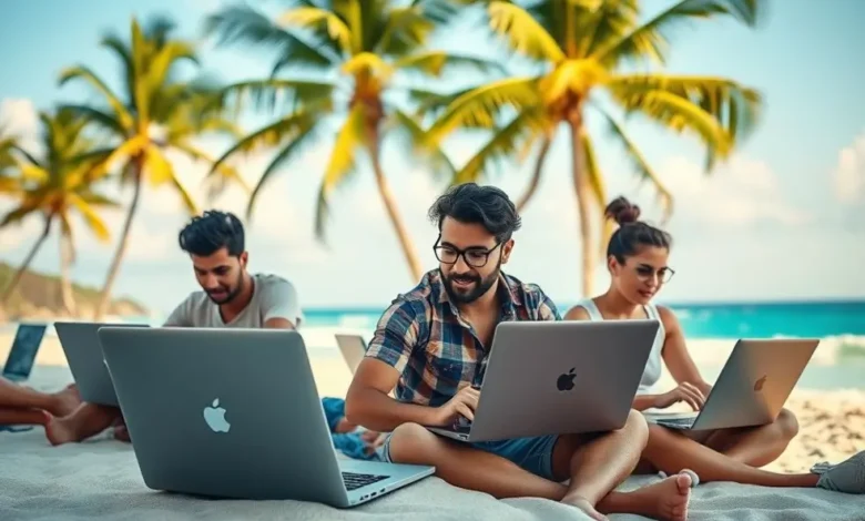 Nômades digitais trabalhando em laptops na praia, com palmeiras e o oceano ao fundo.