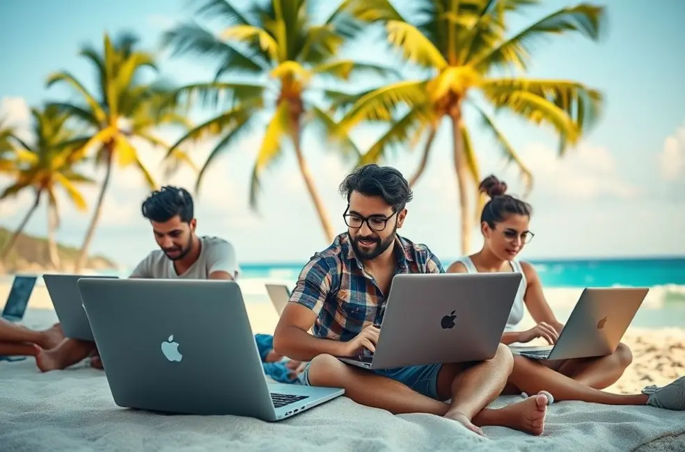 Nômades digitais trabalhando em laptops na praia, com palmeiras e o oceano ao fundo.