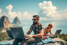 Grupo de nômades digitais trabalhando em um ambiente inspirador.