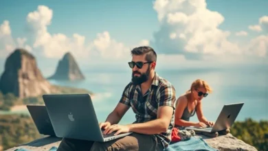 Grupo de nômades digitais trabalhando em um ambiente inspirador.