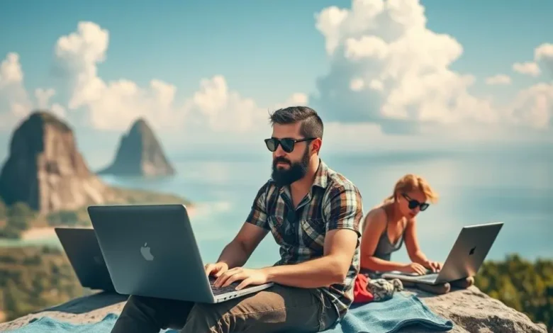 Grupo de nômades digitais trabalhando em um ambiente inspirador.