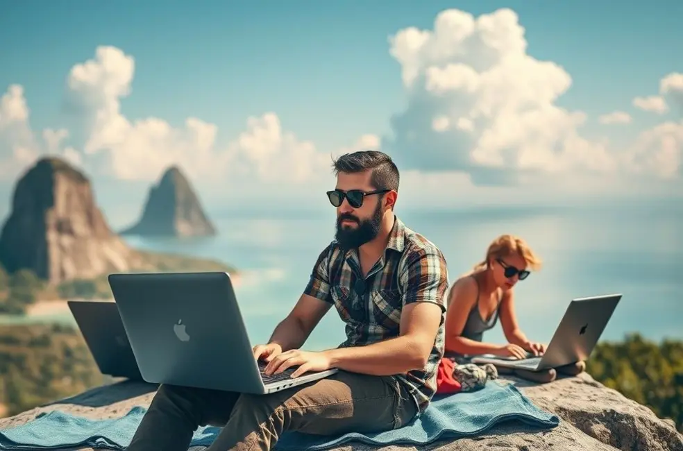 Grupo de nômades digitais trabalhando em um ambiente inspirador.