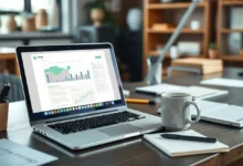 Espaço de trabalho digital com laptop e anotações.