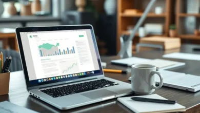 Espaço de trabalho digital com laptop e anotações.