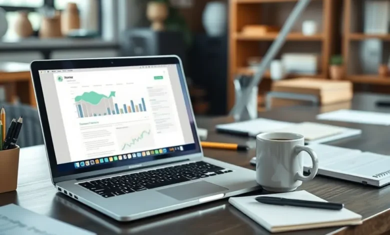 7 Passos Essenciais para Construir Sua Agenda de Clientes em 2025 - Web Nômade Digital Espaço de trabalho digital com laptop e anotações.