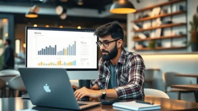 7 Estratégias para Aumentar a Lucratividade do seu Negócio Online - Web Nômade Digital Um nômade digital trabalhando e analisando o crescimento do negócio.