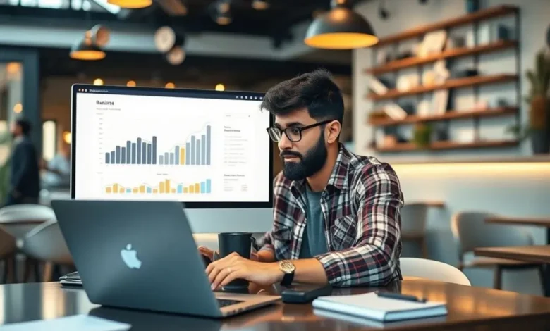 7 Estratégias para Aumentar a Lucratividade do seu Negócio Online - Web Nômade Digital Um nômade digital trabalhando e analisando o crescimento do negócio.