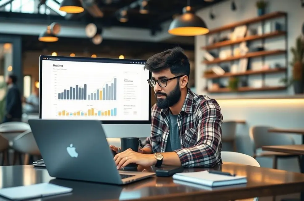 Um nômade digital trabalhando e analisando o crescimento do negócio.