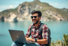 Nômade digital feliz trabalhando com laptop em uma localização pitoresca.