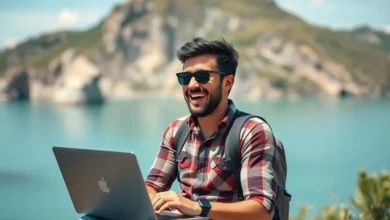 Nômade digital feliz trabalhando com laptop em uma localização pitoresca.