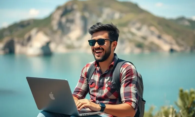 7 Estratégias Para Construir Uma Agenda de Clientes Sólida Como Nômade Digital - Web Nômade Digital Nômade digital feliz trabalhando com laptop em uma localização pitoresca.