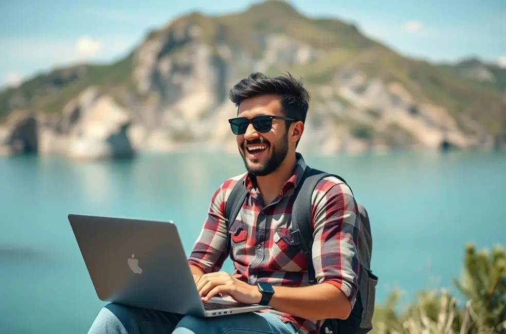 Nômade digital feliz trabalhando com laptop em uma localização pitoresca.