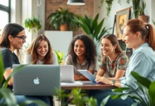 Grupo diverso de nômades digitais trabalhando em um espaço de co-working.