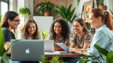Grupo diverso de nômades digitais trabalhando em um espaço de co-working.