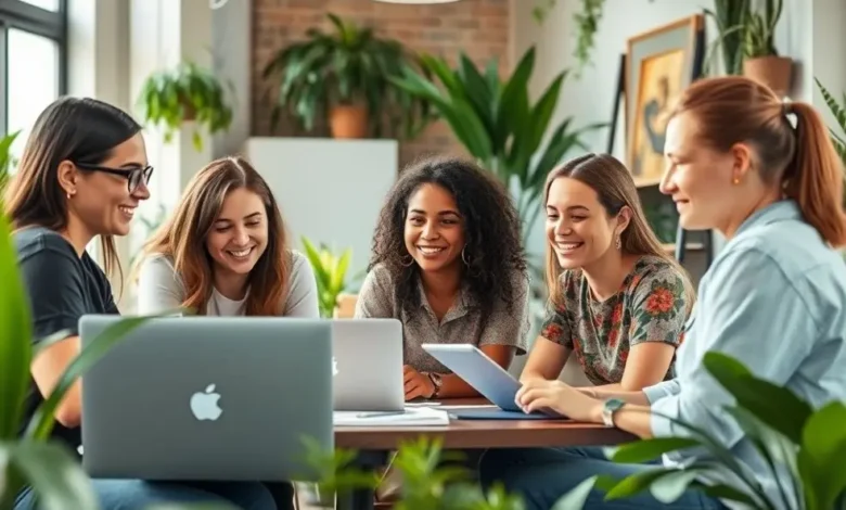 Grupo diverso de nômades digitais trabalhando em um espaço de co-working.