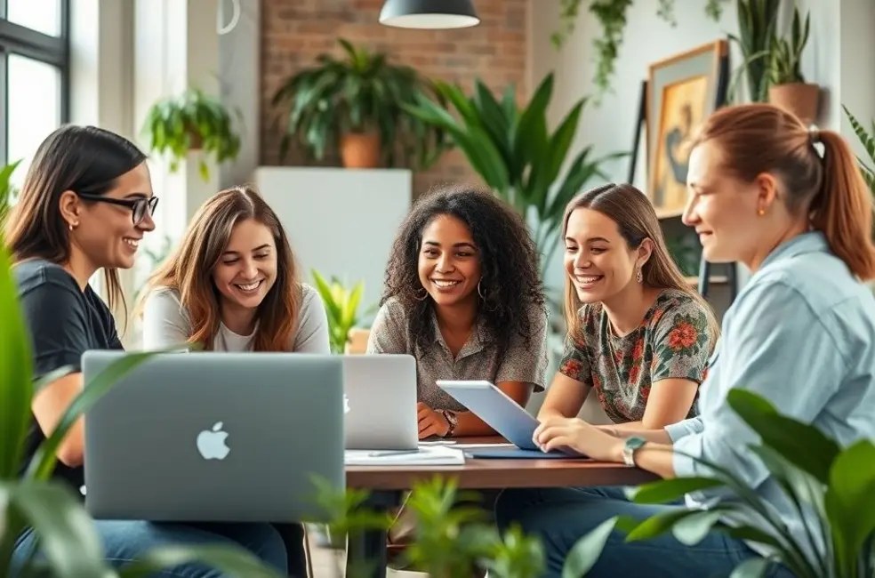 Grupo diverso de nômades digitais trabalhando em um espaço de co-working.