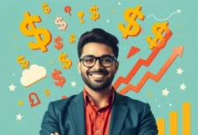 Empreendedor em meio a símbolos de crescimento financeiro.
