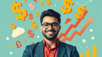 Empreendedor em meio a símbolos de crescimento financeiro.