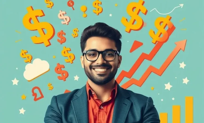Empreendedor em meio a símbolos de crescimento financeiro.