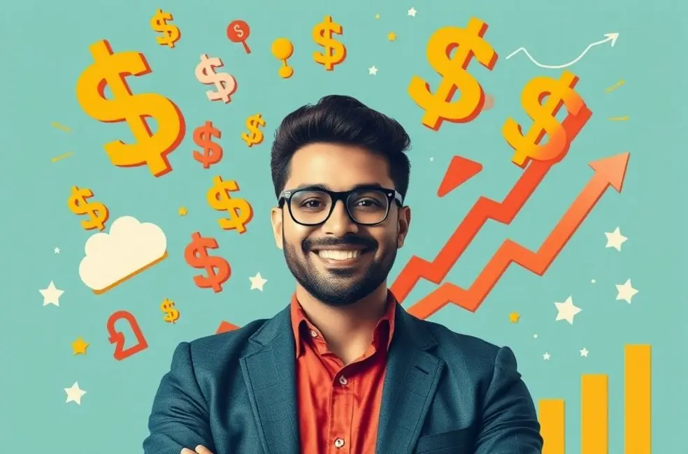 Empreendedor em meio a símbolos de crescimento financeiro.