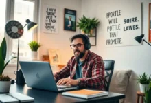 Empreendedor trabalhando remotamente em um ambiente inspirador.