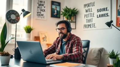 Empreendedor trabalhando remotamente em um ambiente inspirador.