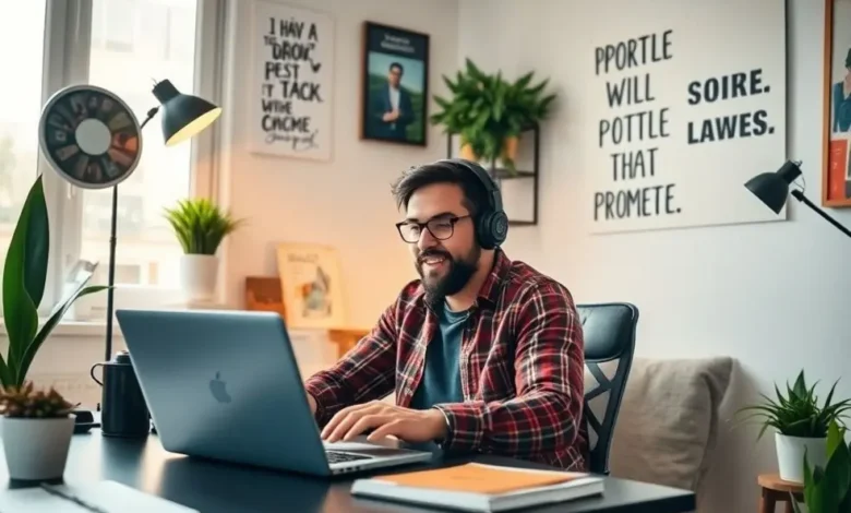 Empreendedor trabalhando remotamente em um ambiente inspirador.