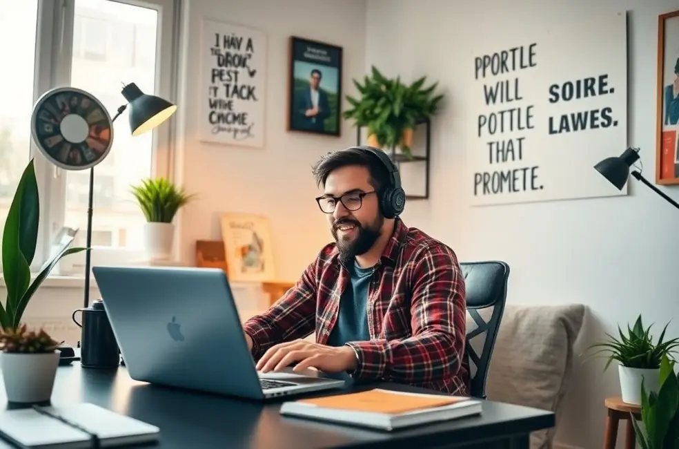 Empreendedor trabalhando remotamente em um ambiente inspirador.