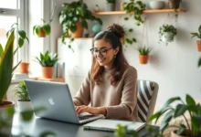 Mulher empreendedora trabalhando remotamente em um ambiente sustentável.