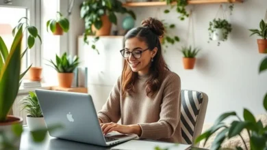 Mulher empreendedora trabalhando remotamente em um ambiente sustentável.