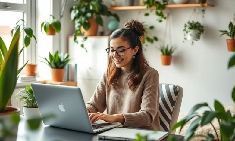 7 Estratégias para Escalar Seu Negócio de Forma Sustentável e Lucrativa - Web Nômade Digital Mulher empreendedora trabalhando remotamente em um ambiente sustentável.
