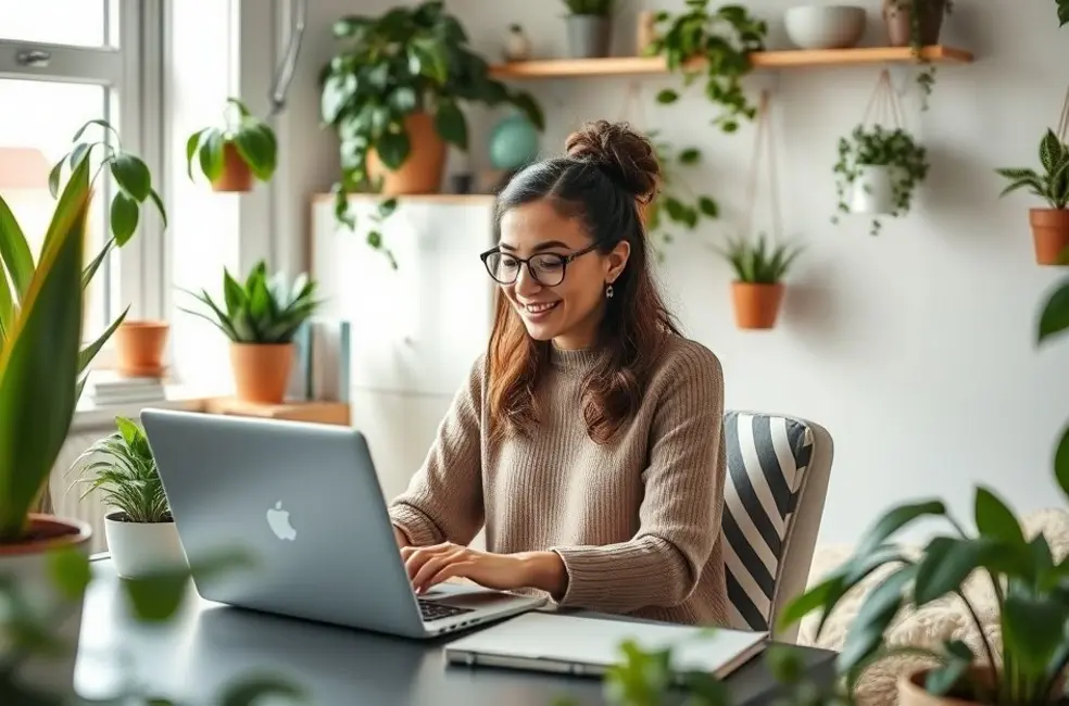 Mulher empreendedora trabalhando remotamente em um ambiente sustentável.