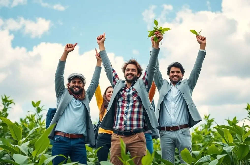 Empreendedores retratados com felicidade em ambiente natural