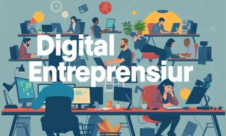 Grupo diverso de empreendedores digitais trabalhando em seus projetos.