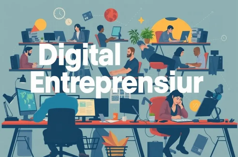 7 Estratégias Lucrativas para Empreendedores Digitais em 2025 - Web Nômade Digital Grupo diverso de empreendedores digitais trabalhando em seus projetos.