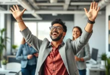 Empreendedor contente comemorando o sucesso no aumento de clientes.