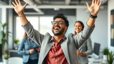 Empreendedor contente comemorando o sucesso no aumento de clientes.