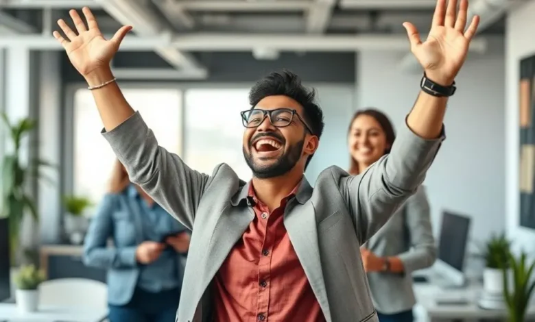 10 Estratégias Poderosas para Aumentar sua Base de Clientes em Poucas Semanas - Web Nômade Digital Empreendedor contente comemorando o sucesso no aumento de clientes.