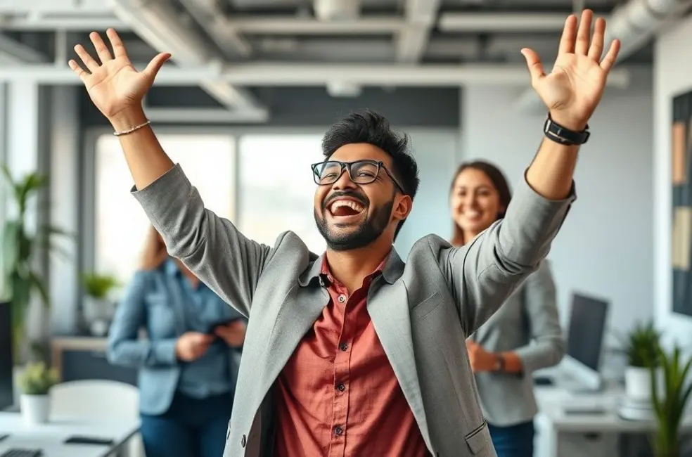 Empreendedor contente comemorando o sucesso no aumento de clientes.
