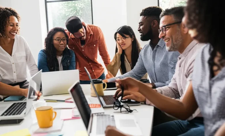 7 Passos para Estruturar uma Mentoria Empresarial de Alto Impacto - Web Nômade Digital Grupo diverso de empreendedores e mentores trocando ideias.