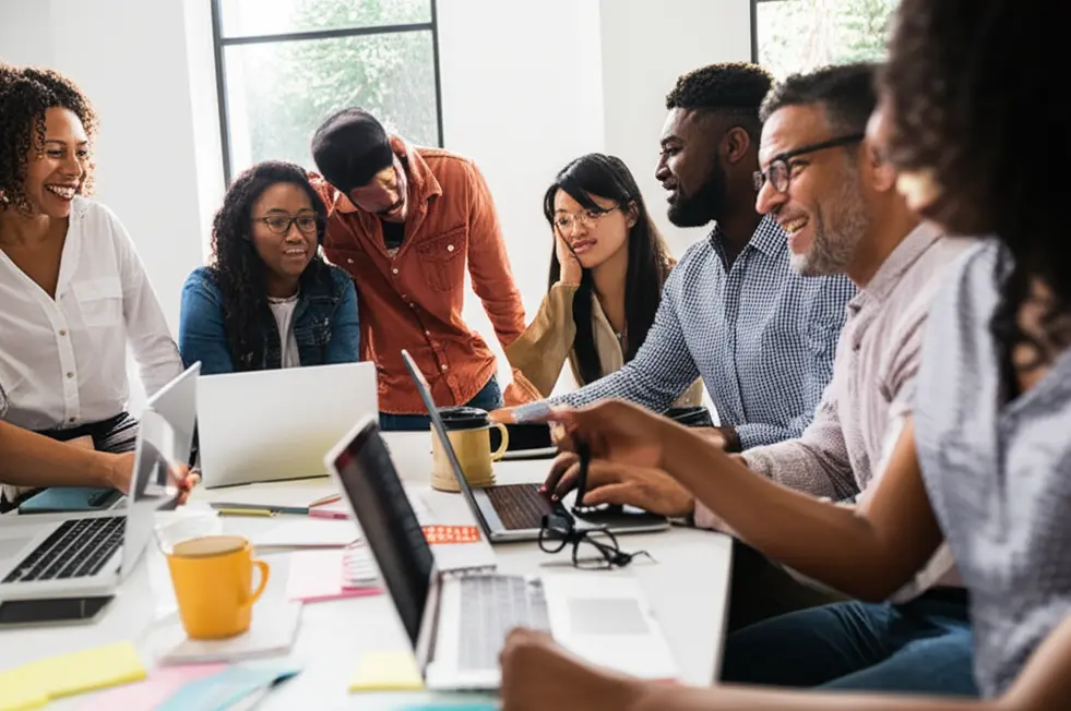 Grupo diverso de empreendedores e mentores trocando ideias.