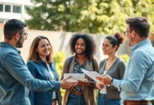 Grupo diversificado de empreendedores brainstormando em um ambiente externo ensolarado.