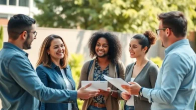 Grupo diversificado de empreendedores brainstormando em um ambiente externo ensolarado.
