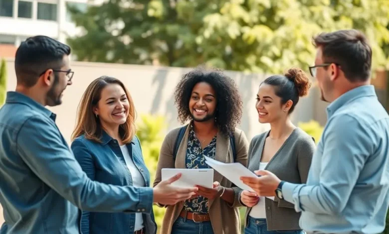 7 Estratégias Lucrativas para Empreendedores e Nômades Digitais - Web Nômade Digital Grupo diversificado de empreendedores brainstormando em um ambiente externo ensolarado.
