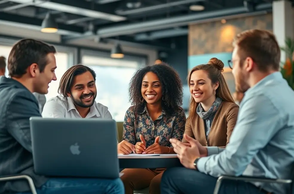 Empreendedores reunidos para desenvolver estratégias de vendas digitais.